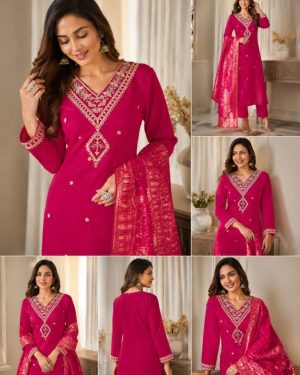 Rani Pink V-Neck Embroidered Suit Set