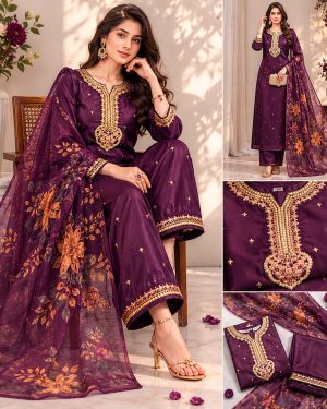 Wine Plum Embroidered Kurta Suit Set