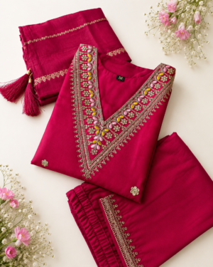New Embroidered V-Neck Rayon Kurta Set with Dupatta For Women, Embroideryed Kurta Set