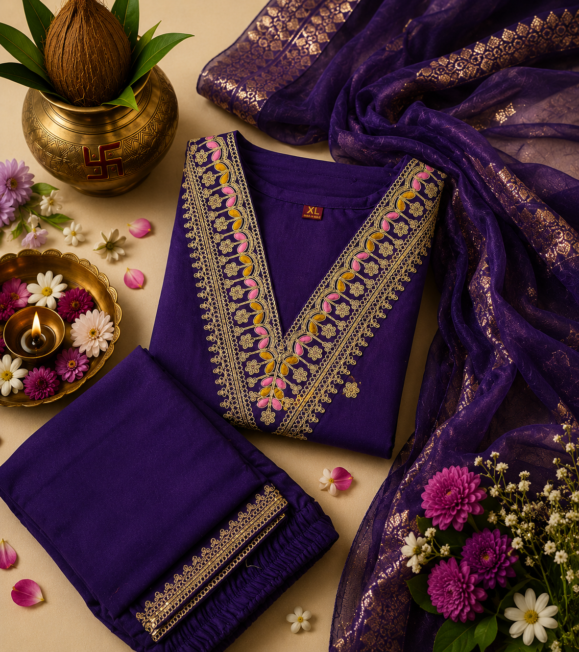 Women V-Neck Zari Embroidery Kurta Set