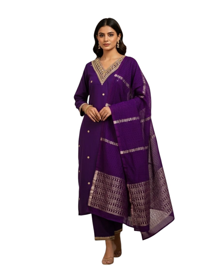 Women V-Neck Zari Embroidery Kurta Set - Image 2